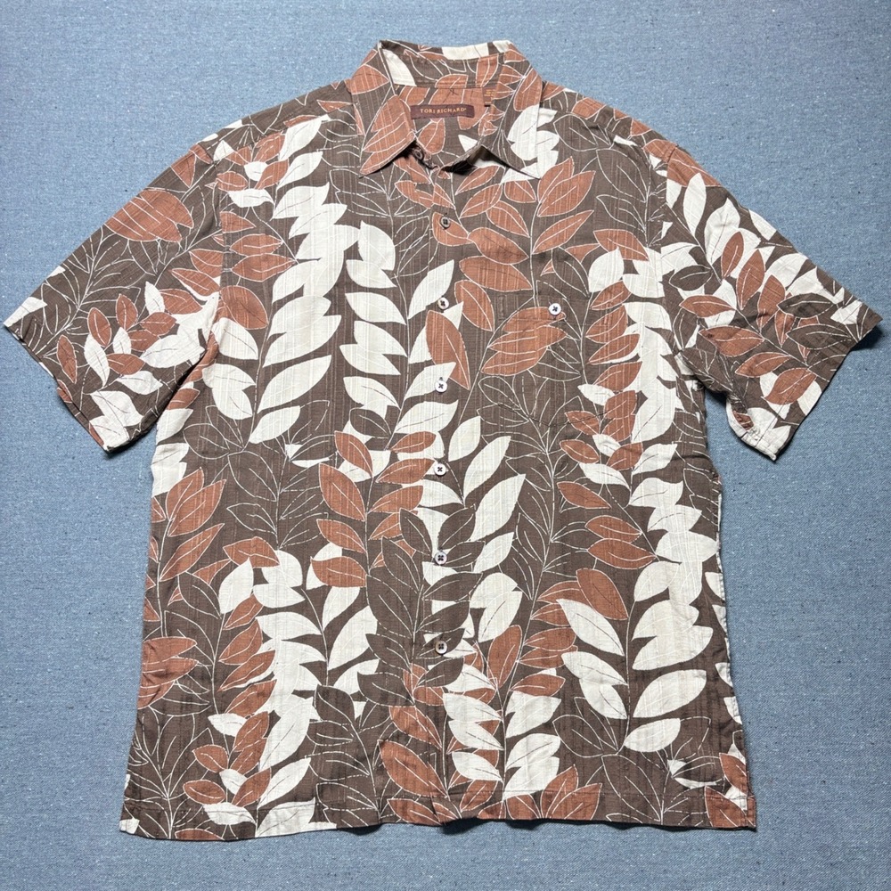 Tori Richard Shirt Mens Medium Brown Silk Leaf Print Short Sleeve Button Down
